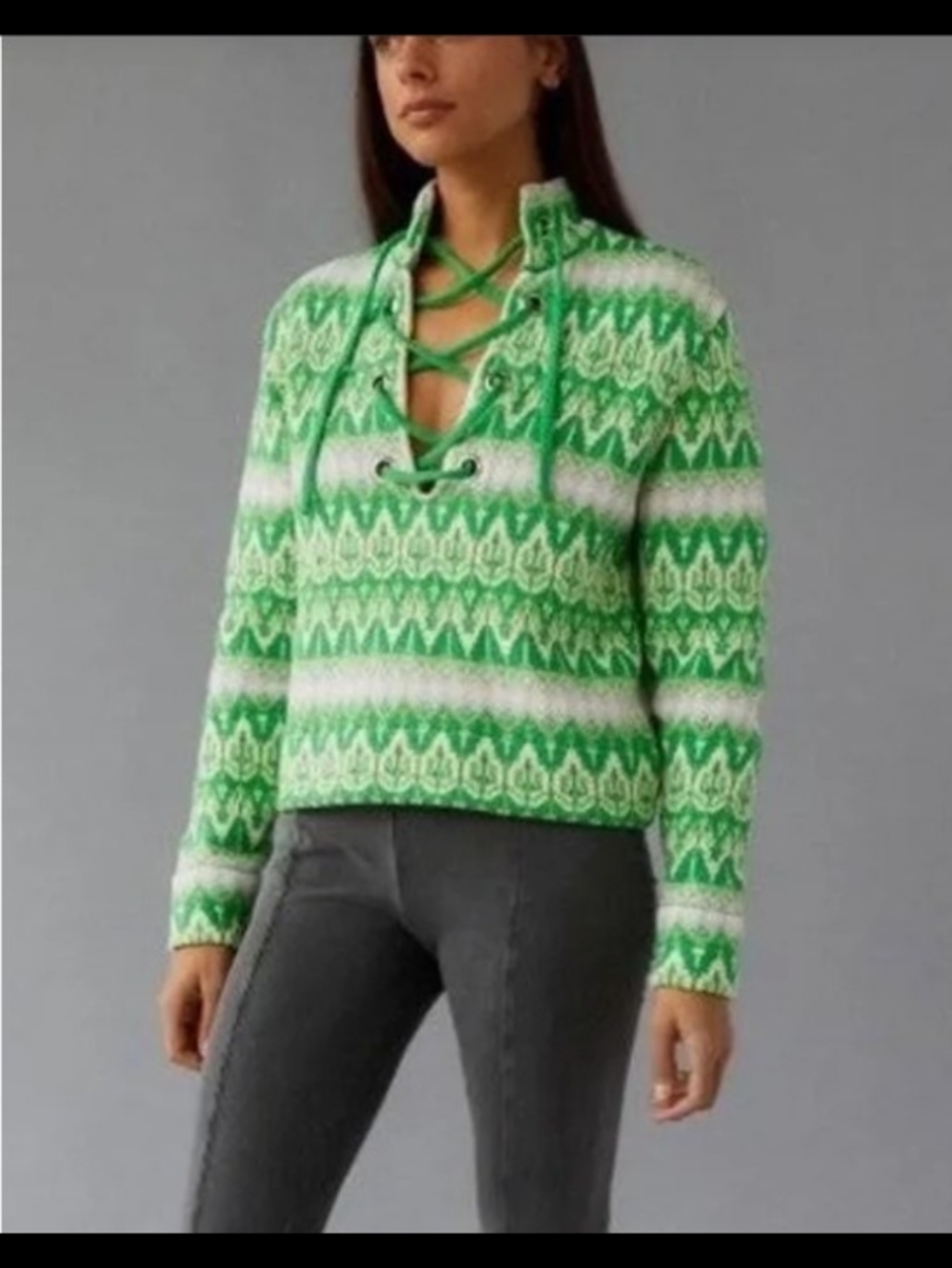 BDG Green Lace-Up Patterned Women’s Sweater